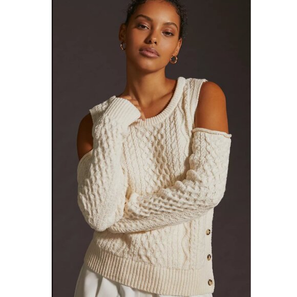 Anthropologie Sweaters - Anthropologie Pilcro Ivory Cold Shoulder Fisherman Cable Knit Sweater L Cream